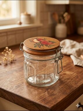 Vintage Glass Jar Hand Painted Apple Lid Farmhouse Kitchen Decor